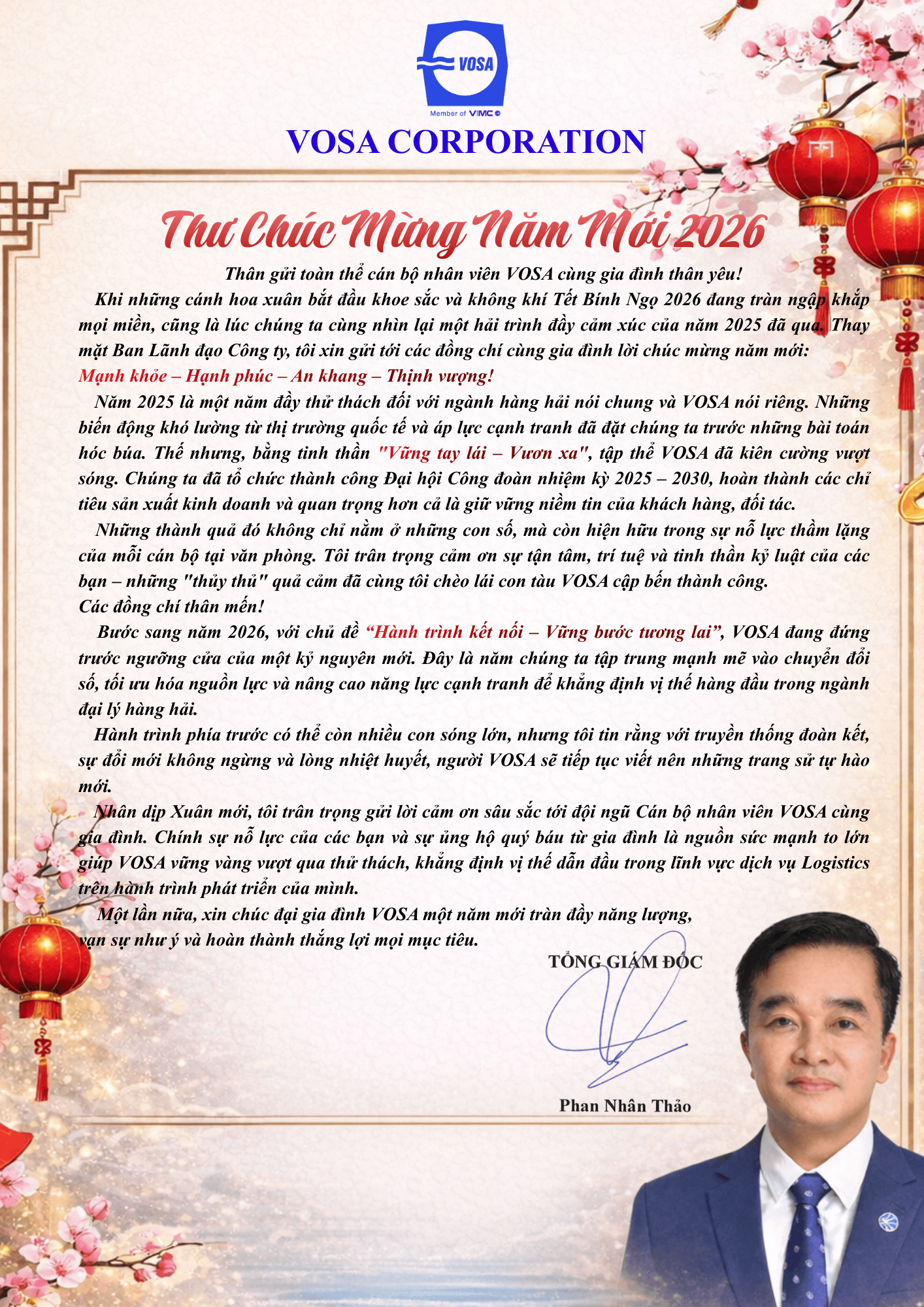 THƯ CHÚC MỪNG NĂM MỚI CỦA TỔNG GIÁM ĐỐC GỬI CÁN BỘ NHÂN VIÊN VOSA  NHÂN DỊP ĐÓN NĂM MỚI 2026 XUÂN BÍNH NGỌ